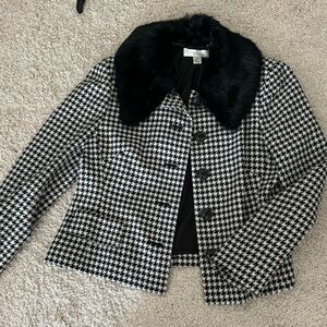 Petite Sophisticate Houndstooth Wool Button Coat with Fur Neckline